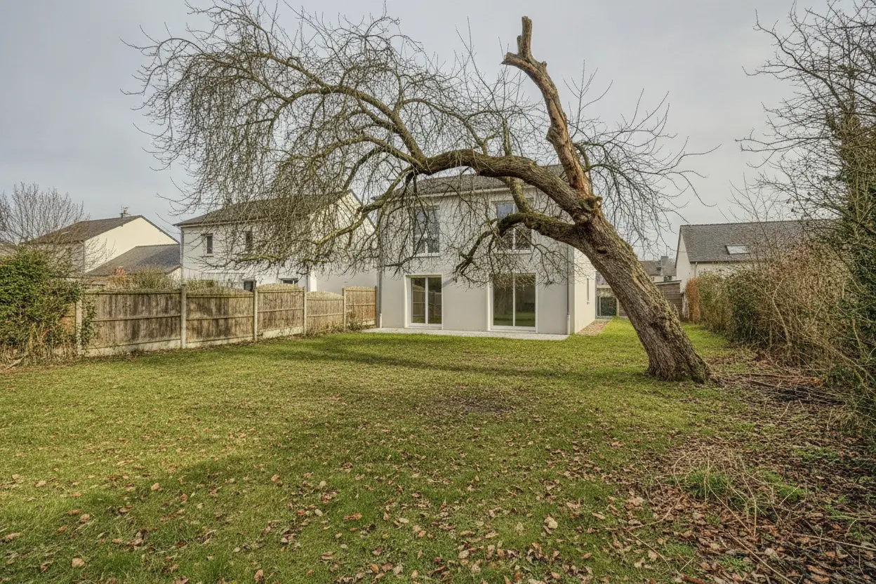 Grand hêtre penché vers une toiture en ardoise, quartier résidentiel de Caen