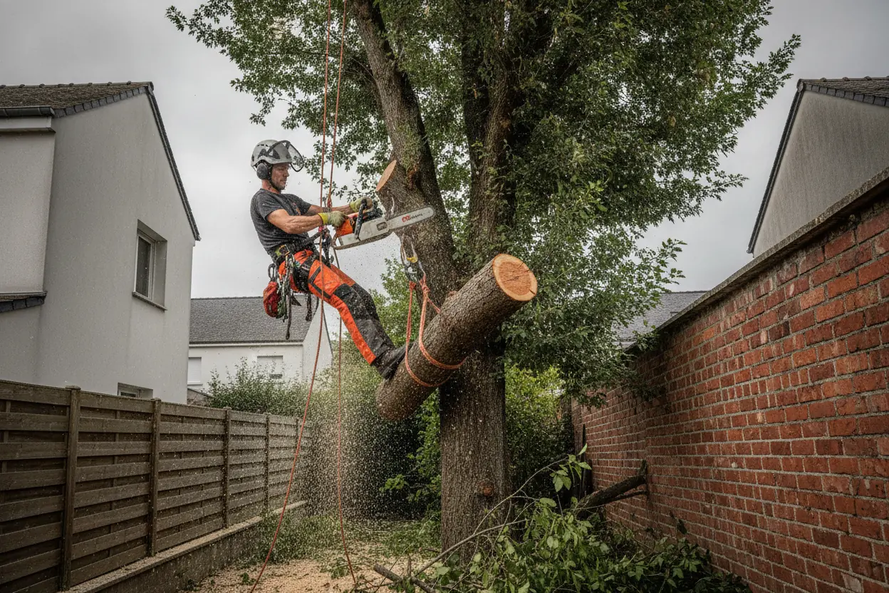 Abattage d'un arbre dangereux par un arboriste certifié à Caen, Calvados