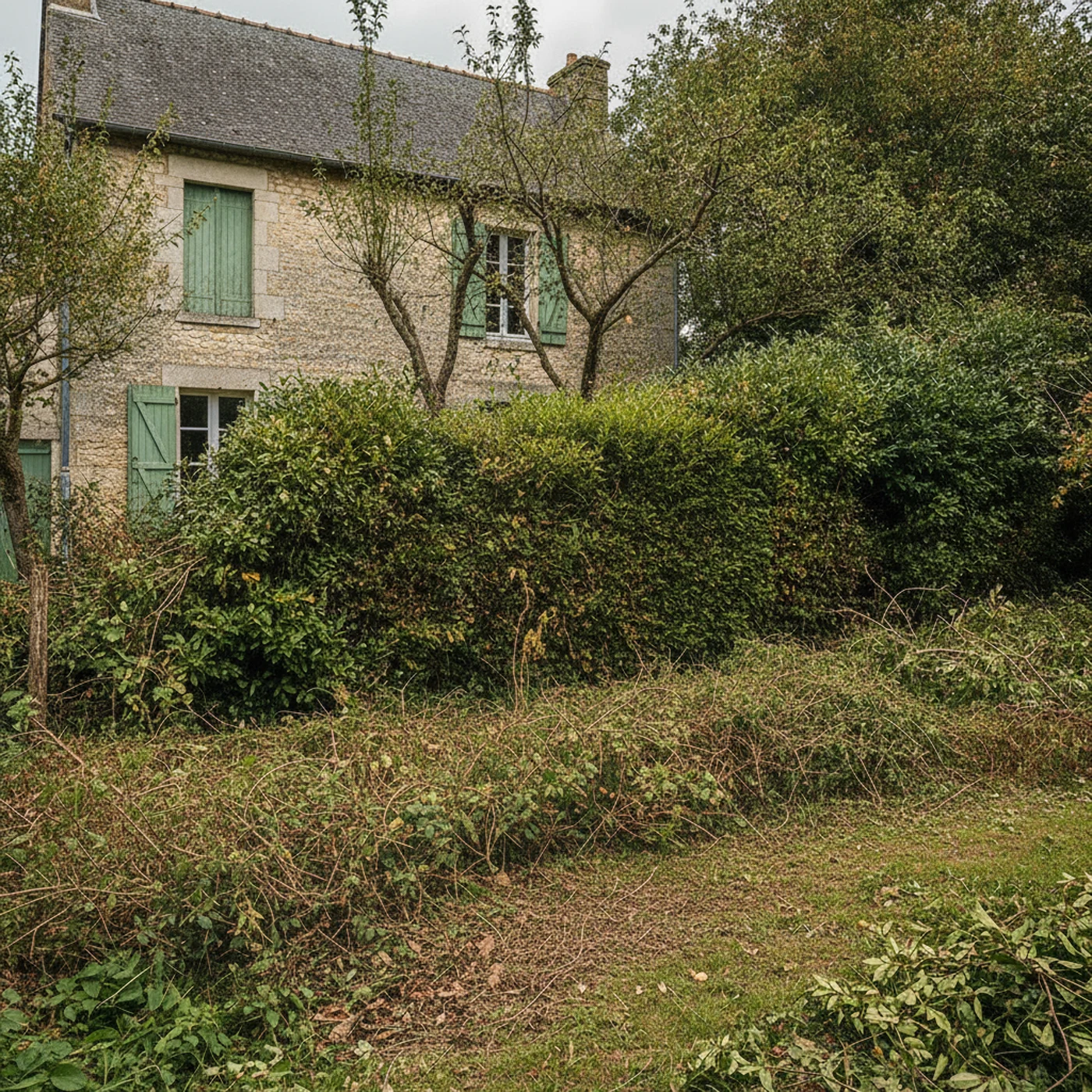 Après broyage et nettoyage d'une haie taillée dans un jardin caennais