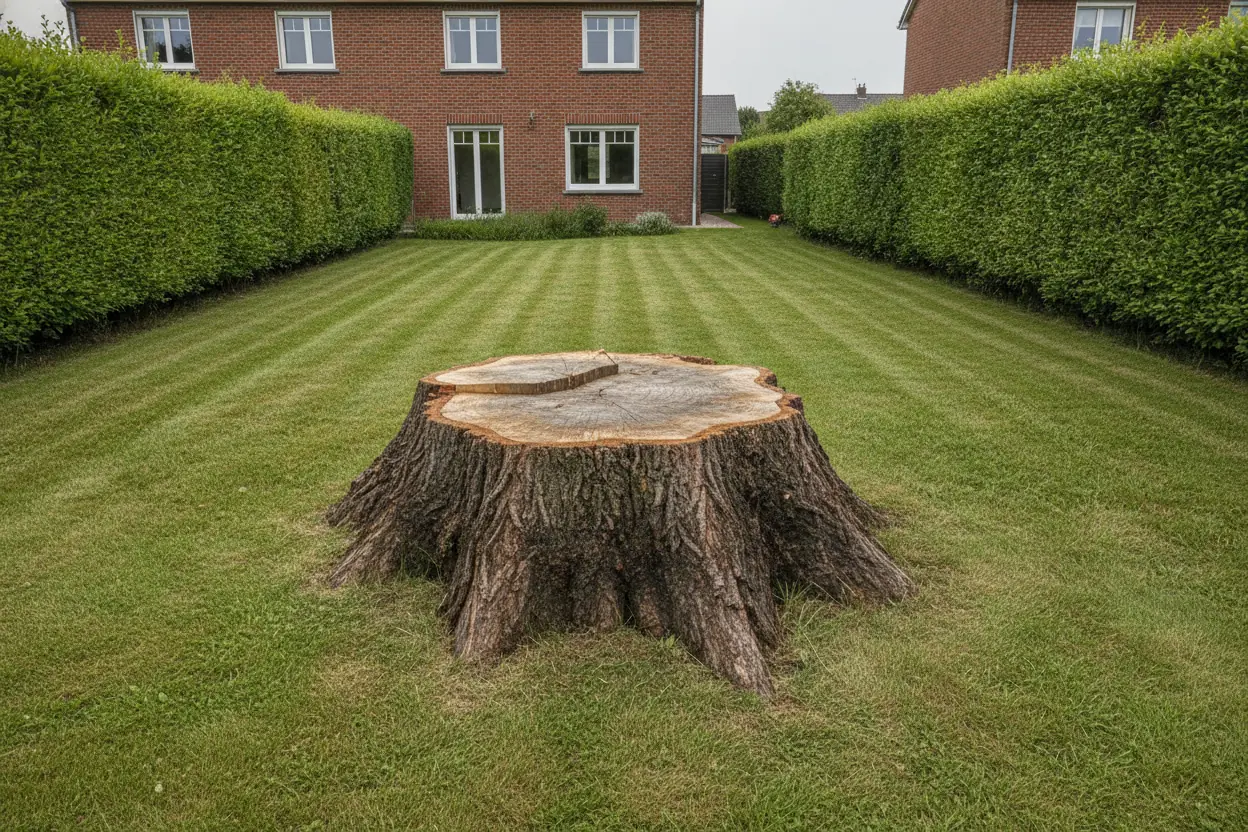 Souche de frêne imposante dans un jardin de maison caennaise, racines affleurantes visibles au sol
