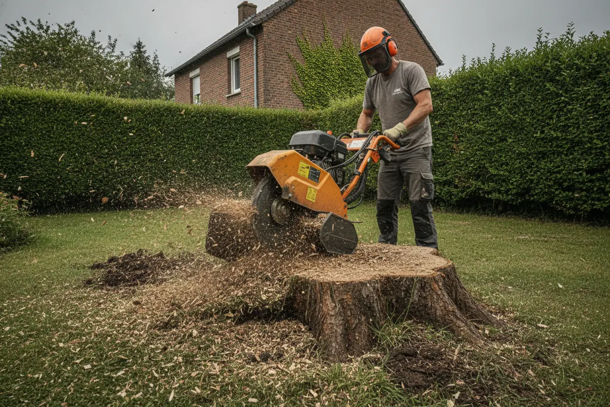 Rognage de souche dans un jardin pavillonnaire à Colombelles